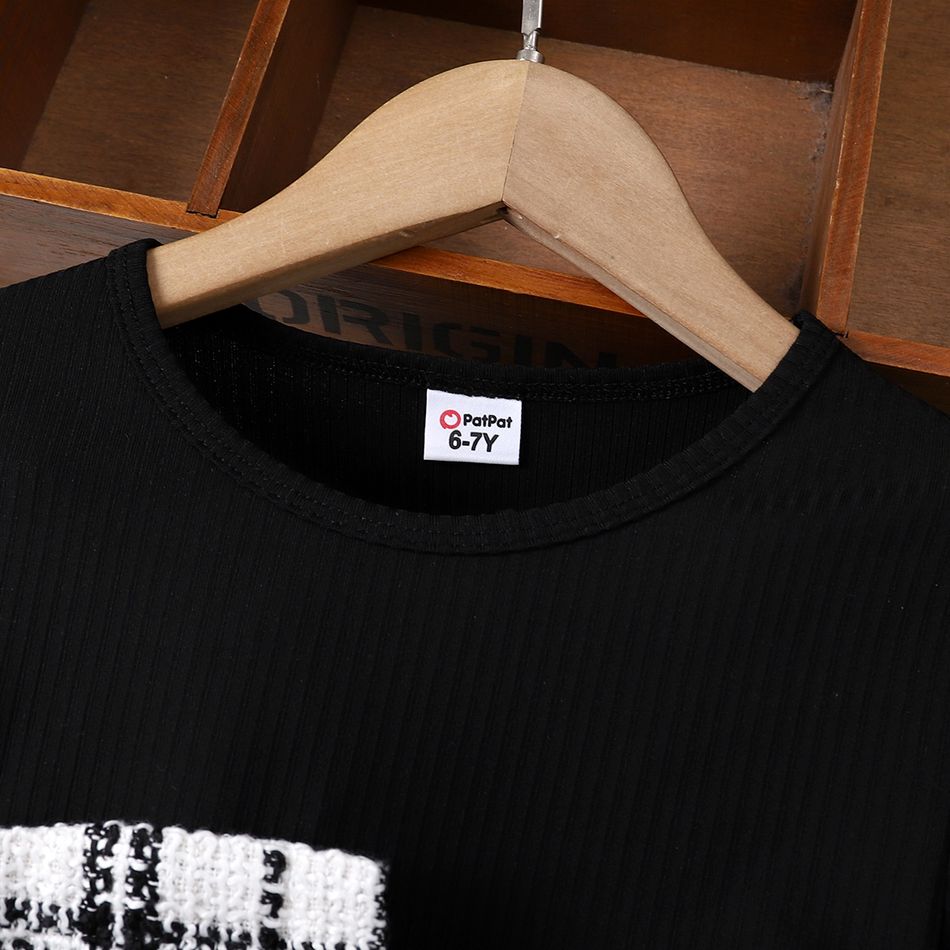 Kid Girl Plaid Tweed Splice Button Design Irregular Hem Long-sleeve Dress Black big image 2