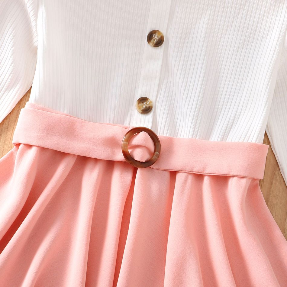 Kid Girl Ribbed Button Design Splcie Irregular Hem Belted Long-sleeve Dress Pink big image 2