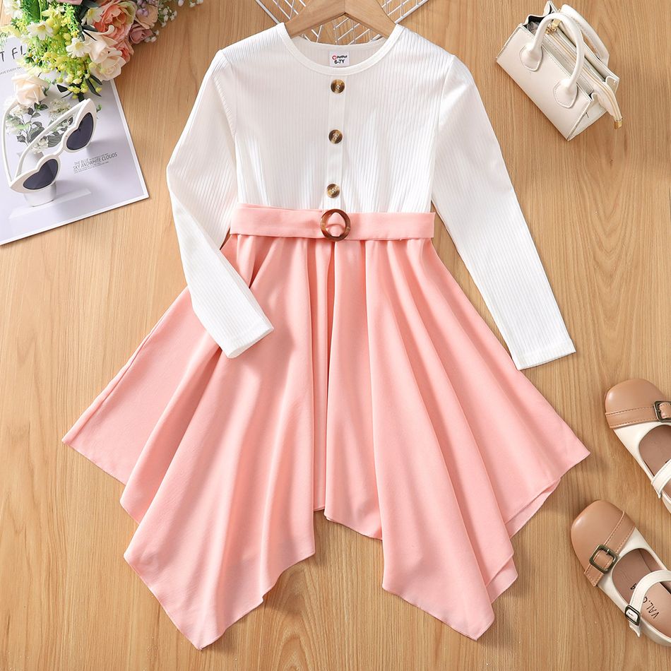 Kid Girl Ribbed Button Design Splcie Irregular Hem Belted Long-sleeve Dress Pink big image 4