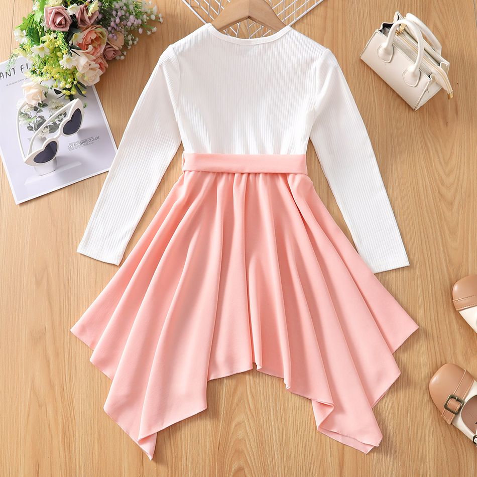 Kid Girl Ribbed Button Design Splcie Irregular Hem Belted Long-sleeve Dress Pink big image 5