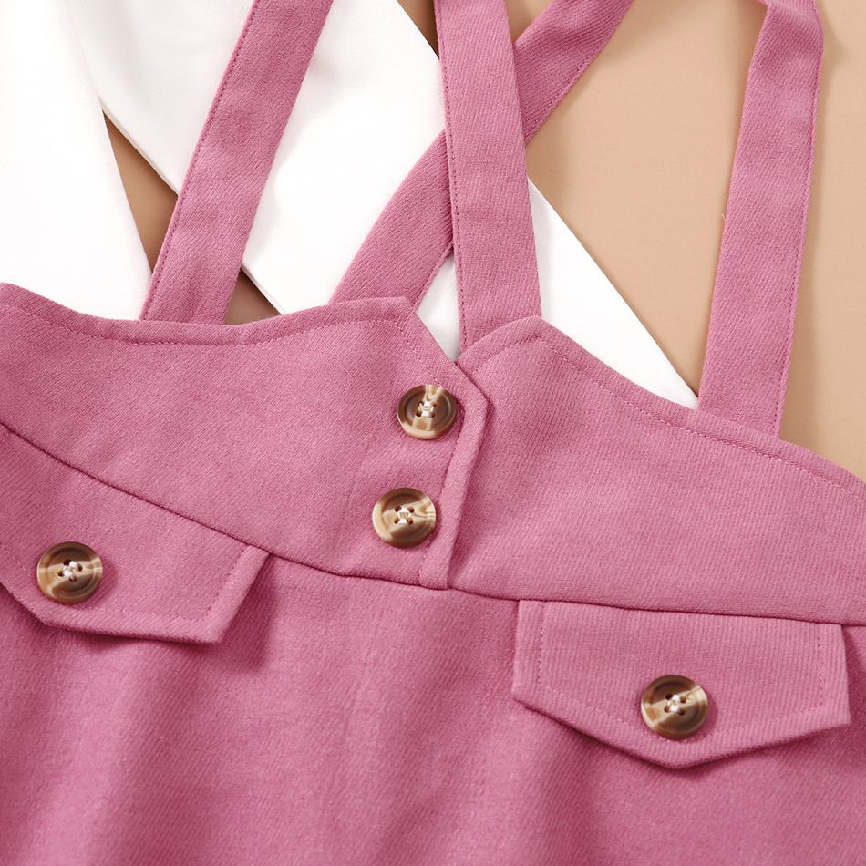 2pcs Kid Girl Long-sleeve White Tee and Button Design Pink Suspender Skirt Set Dark Pink big image 5