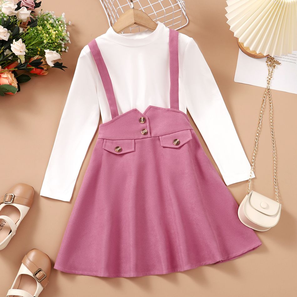 2pcs Kid Girl Long-sleeve White Tee and Button Design Pink Suspender Skirt Set Dark Pink