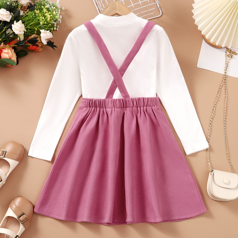 2pcs Kid Girl Long-sleeve White Tee and Button Design Pink Suspender Skirt Set Dark Pink big image 3