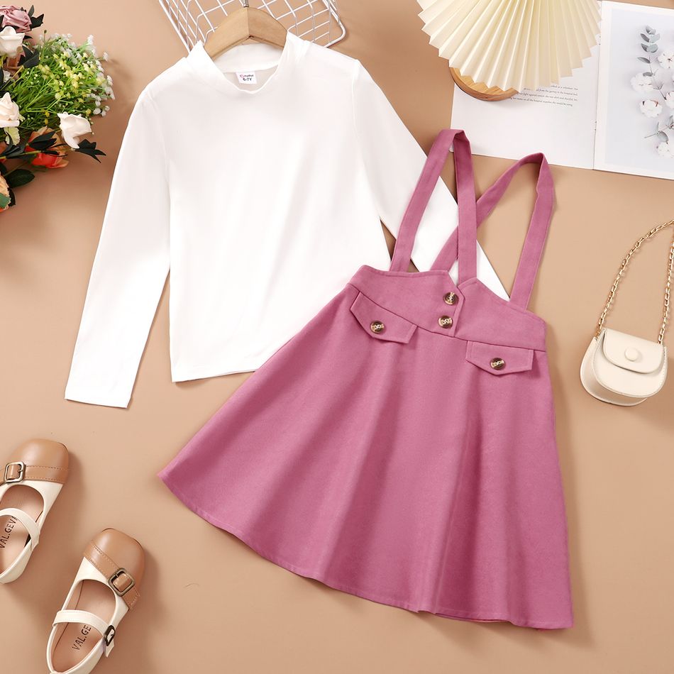 2pcs Kid Girl Long-sleeve White Tee and Button Design Pink Suspender Skirt Set Dark Pink big image 2