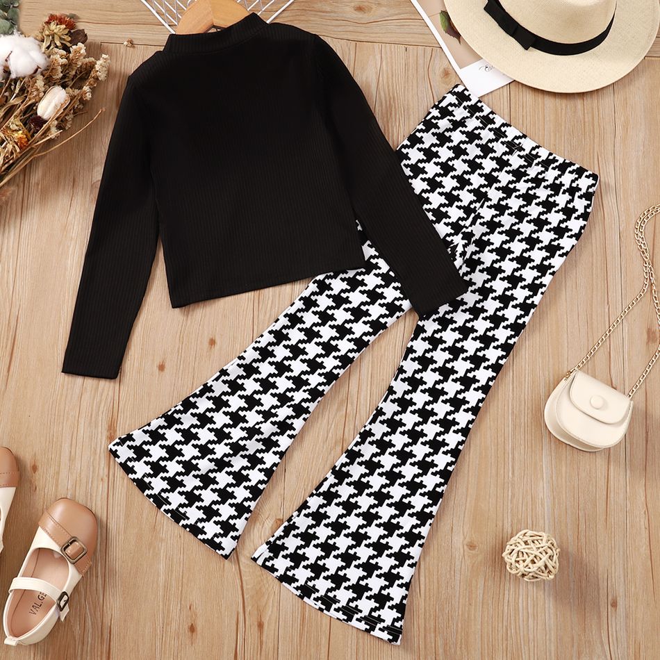 2pcs Kid Girl Mock Neck Ribbed Long-sleeve Black Tee and Houndstooth Flared Pants Set (Belt is not included) Black