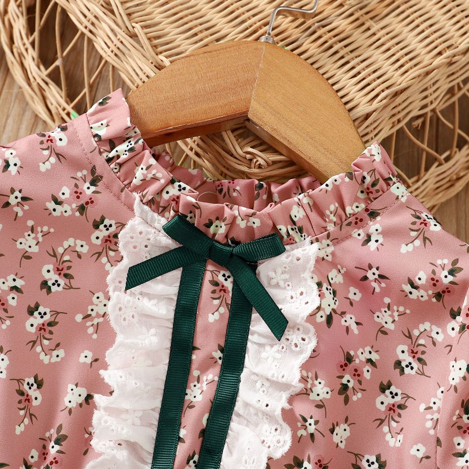 Toddler Girl Elegant Floral Print Ruffle Collar Long-sleeve Dress Pink big image 3