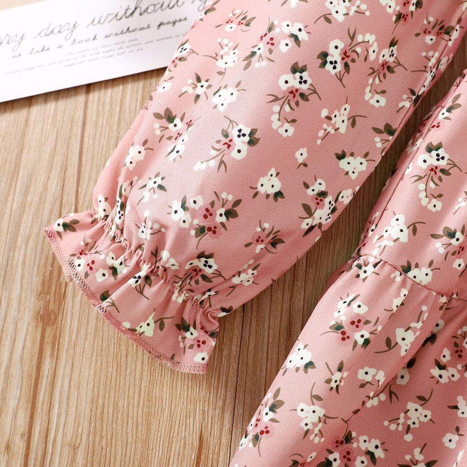 Toddler Girl Elegant Floral Print Ruffle Collar Long-sleeve Dress Pink big image 5