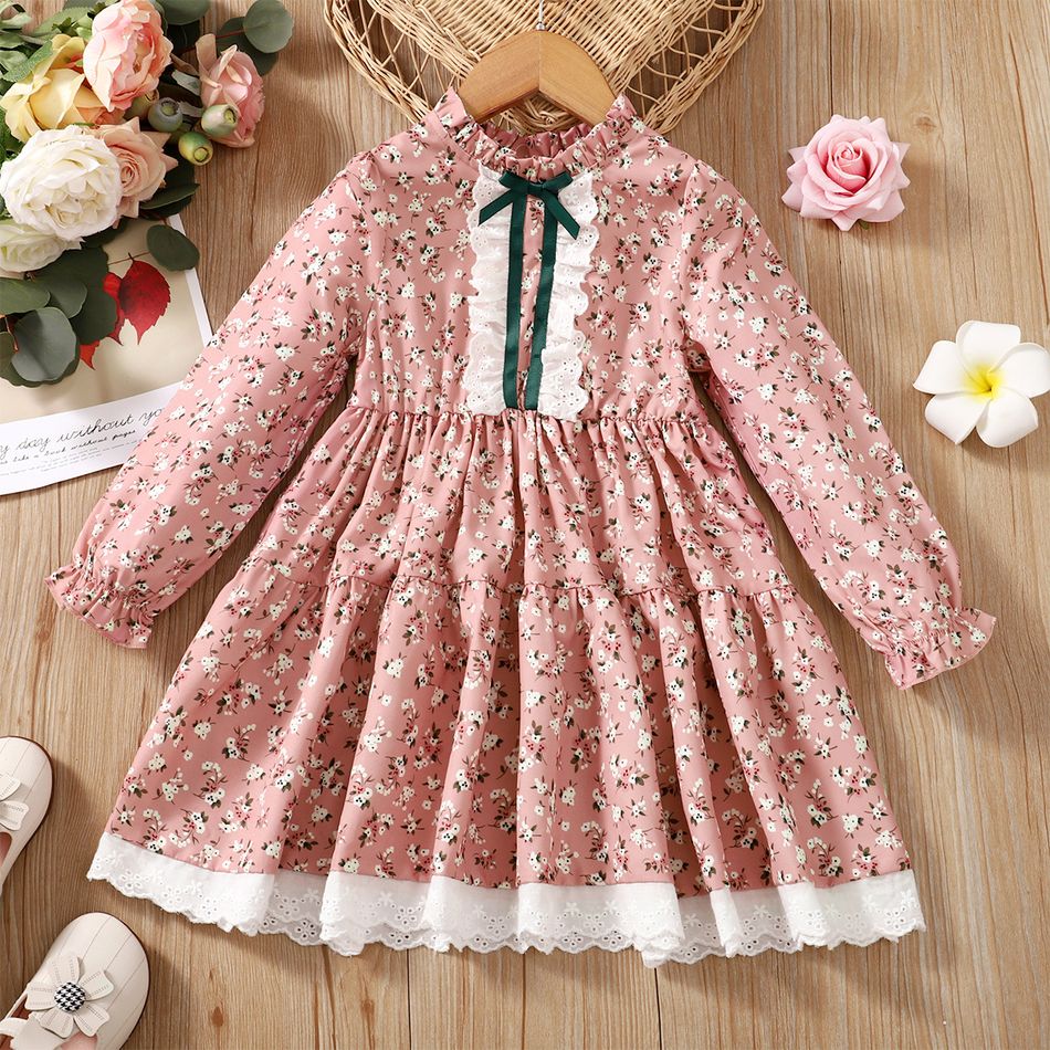 Toddler Girl Elegant Floral Print Ruffle Collar Long-sleeve Dress Pink
