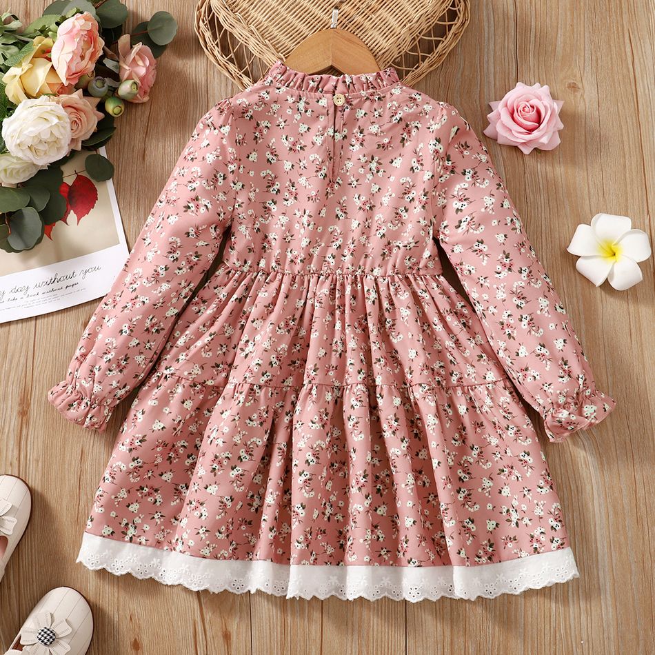 Toddler Girl Elegant Floral Print Ruffle Collar Long-sleeve Dress Pink big image 2