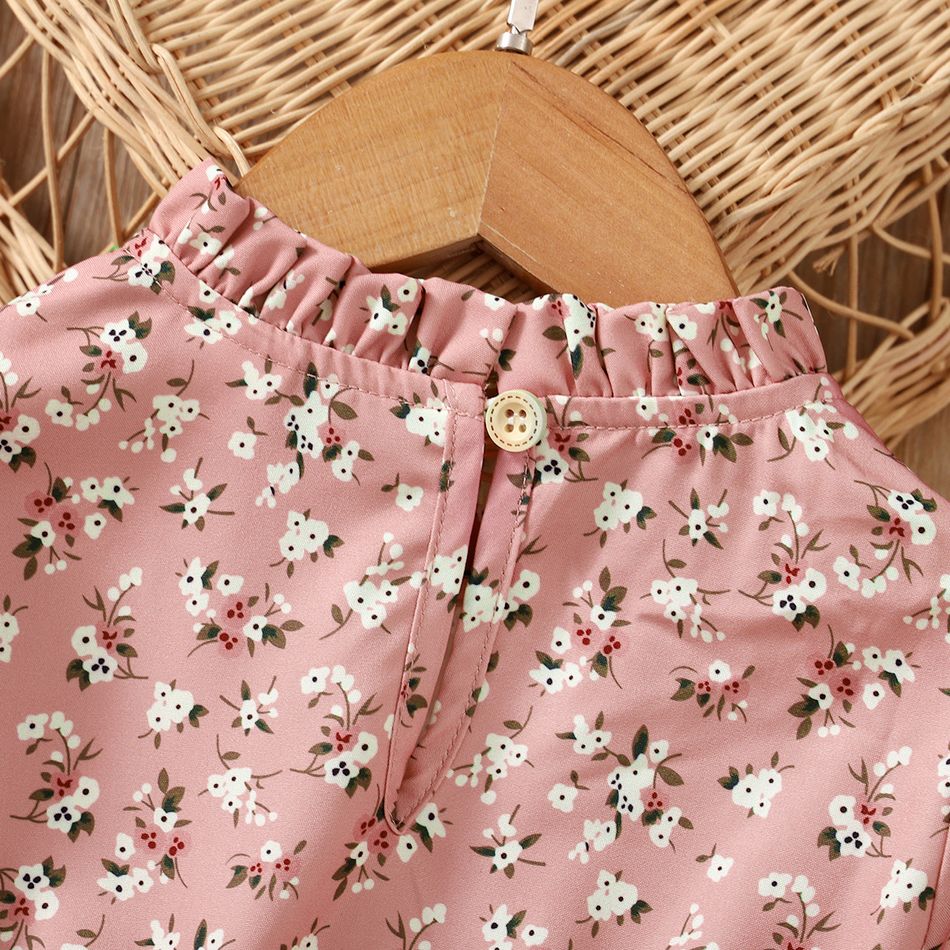 Toddler Girl Elegant Floral Print Ruffle Collar Long-sleeve Dress Pink big image 4