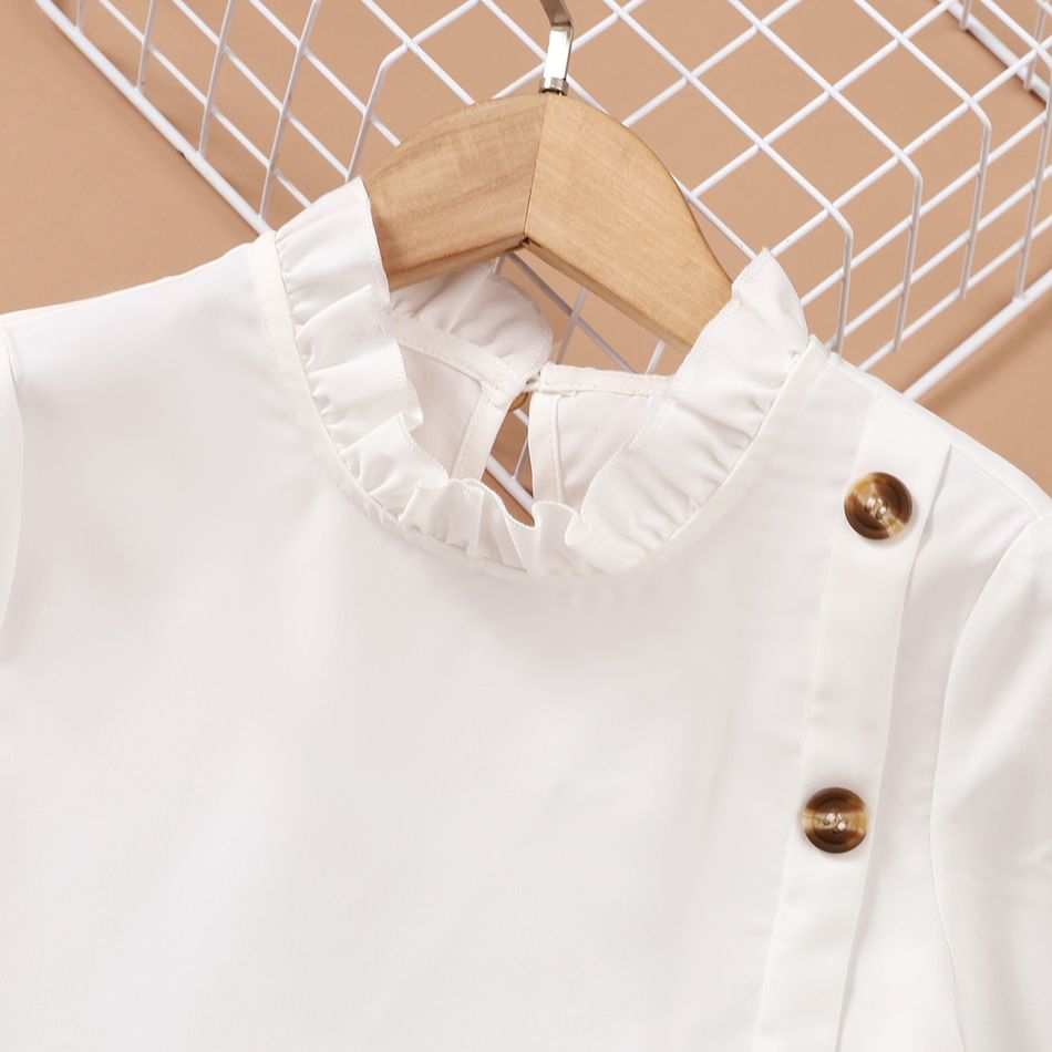 2pcs Kid Girl Ruffle Collar Button Design White Blouse and Stripe Belted Pants Set BlackandWhite big image 2