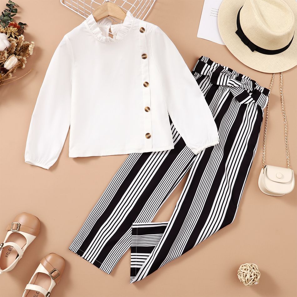 2pcs Kid Girl Ruffle Collar Button Design White Blouse and Stripe Belted Pants Set BlackandWhite big image 1