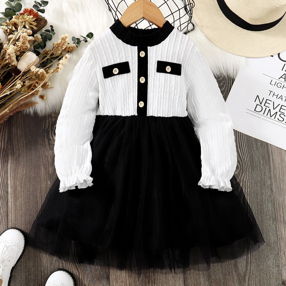 Toddler Girl Elegant Textured Mesh Splice Long-sleeve Dress Black