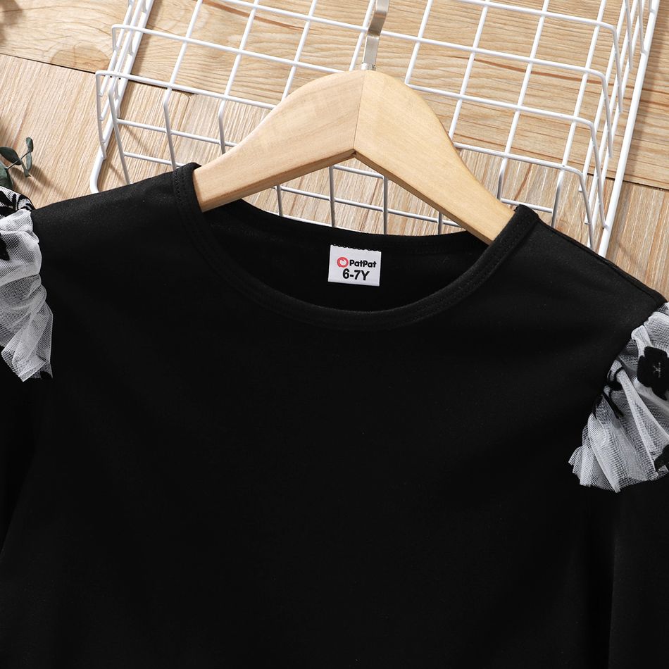 2pcs Kid Girl Ruffled Black Tee and Floral Embroidered Mesh Skirt Set Black big image 3