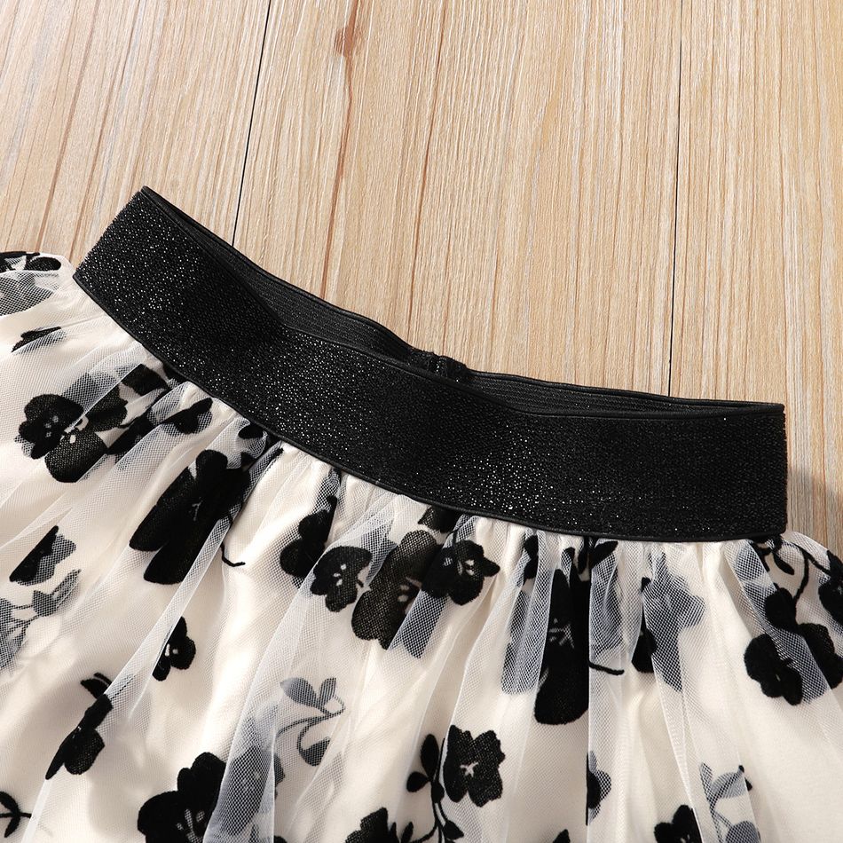 2pcs Kid Girl Ruffled Black Tee and Floral Embroidered Mesh Skirt Set Black big image 4