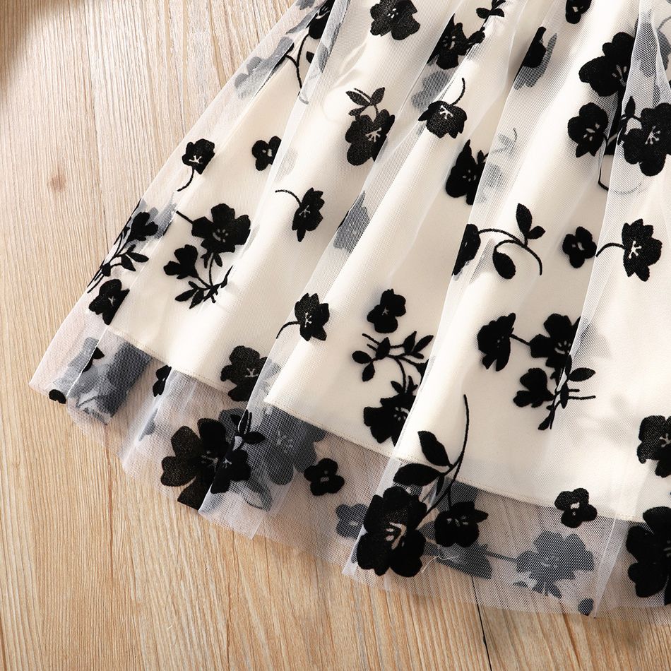 2pcs Kid Girl Ruffled Black Tee and Floral Embroidered Mesh Skirt Set Black big image 5