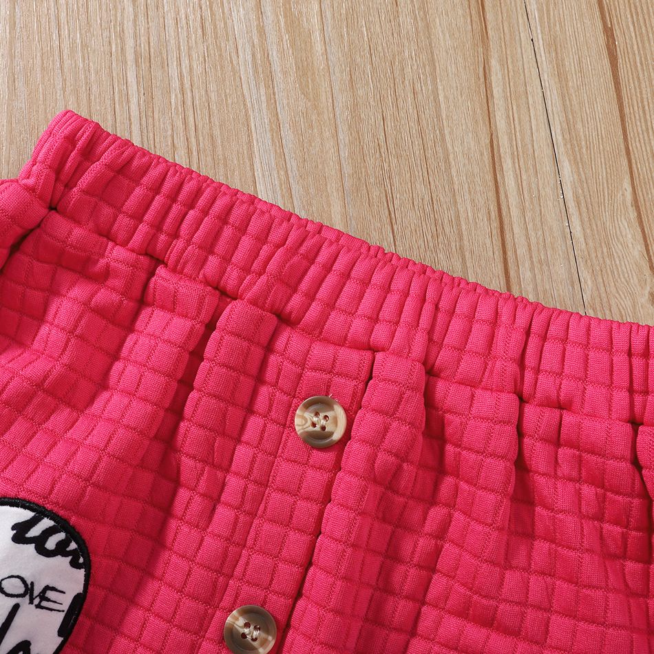2pcs Kid Girl Letter Heart Print Long-sleeve Tee and Button Design Pink Skirt Set Hot Pink big image 5
