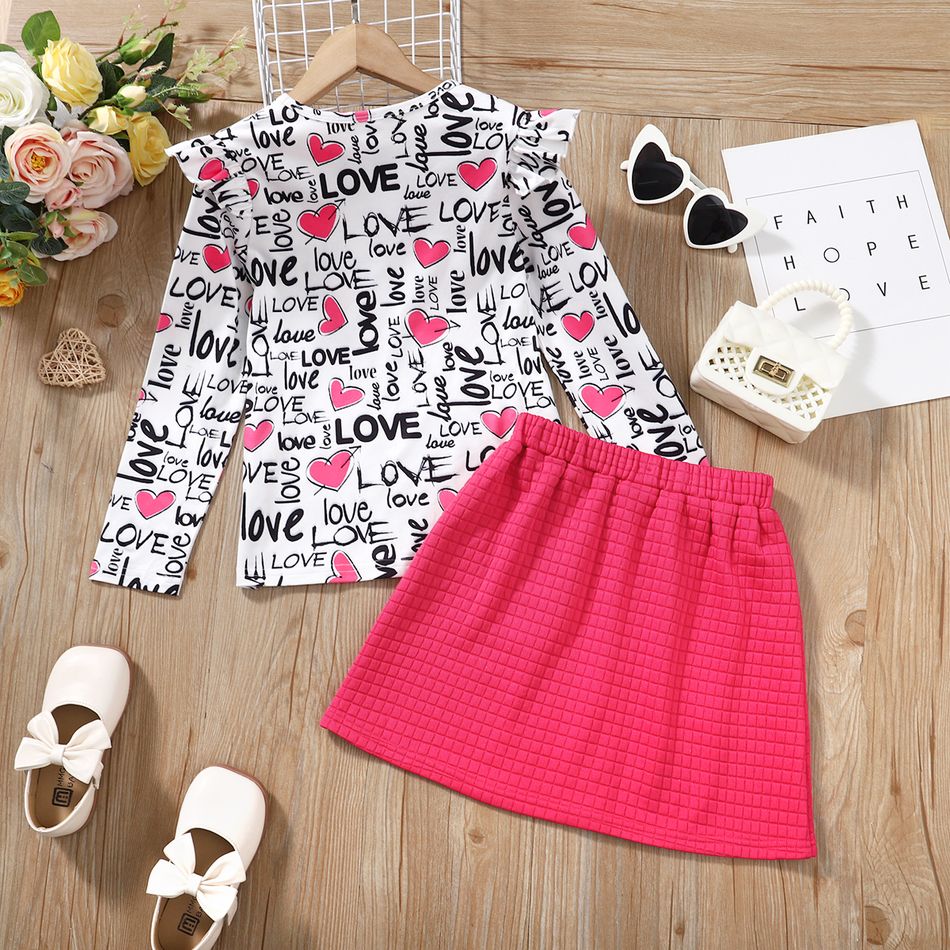 2pcs Kid Girl Letter Heart Print Long-sleeve Tee and Button Design Pink Skirt Set Hot Pink big image 2