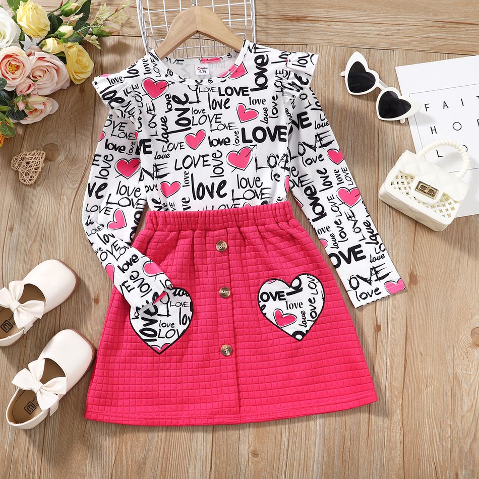 2pcs Kid Girl Letter Heart Print Long-sleeve Tee and Button Design Pink Skirt Set Hot Pink big image 1