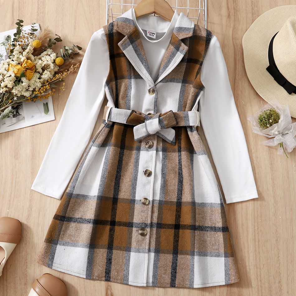 2pcs Kid Girl Long-sleeve White Tee and Button Design Plaid Vest Sleeveless Jacket Set Khaki