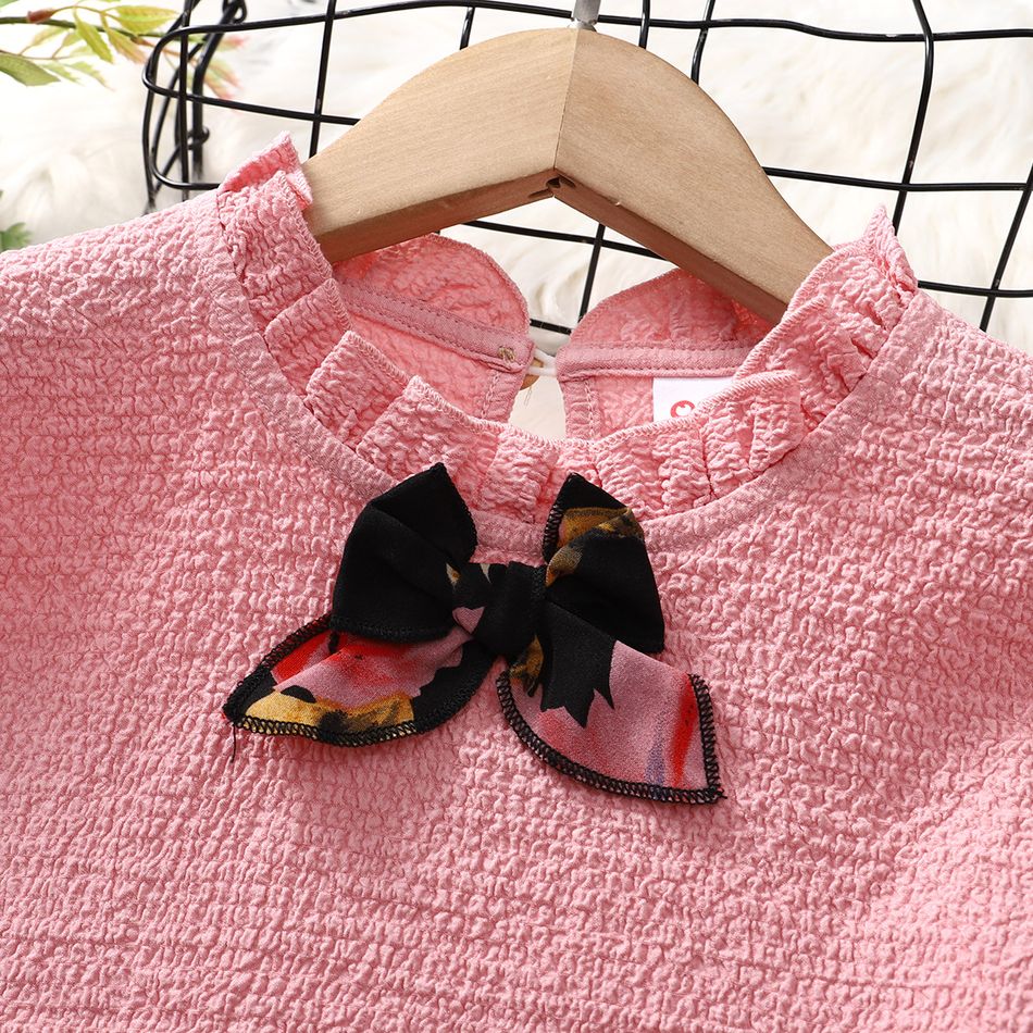 2pcs Kid Girl Ruffle Collar 3D Bowknot Design Tee and Floral Print Mesh Skirt Set Pink big image 3