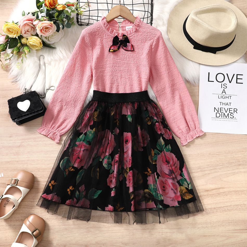 2pcs Kid Girl Ruffle Collar 3D Bowknot Design Tee and Floral Print Mesh Skirt Set Pink big image 2