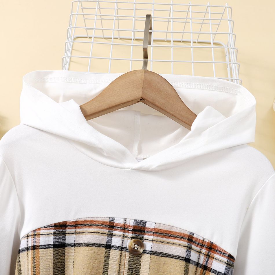 Kid Girl Faux-two Plaid Splice Belted Hooded Dress White big image 3