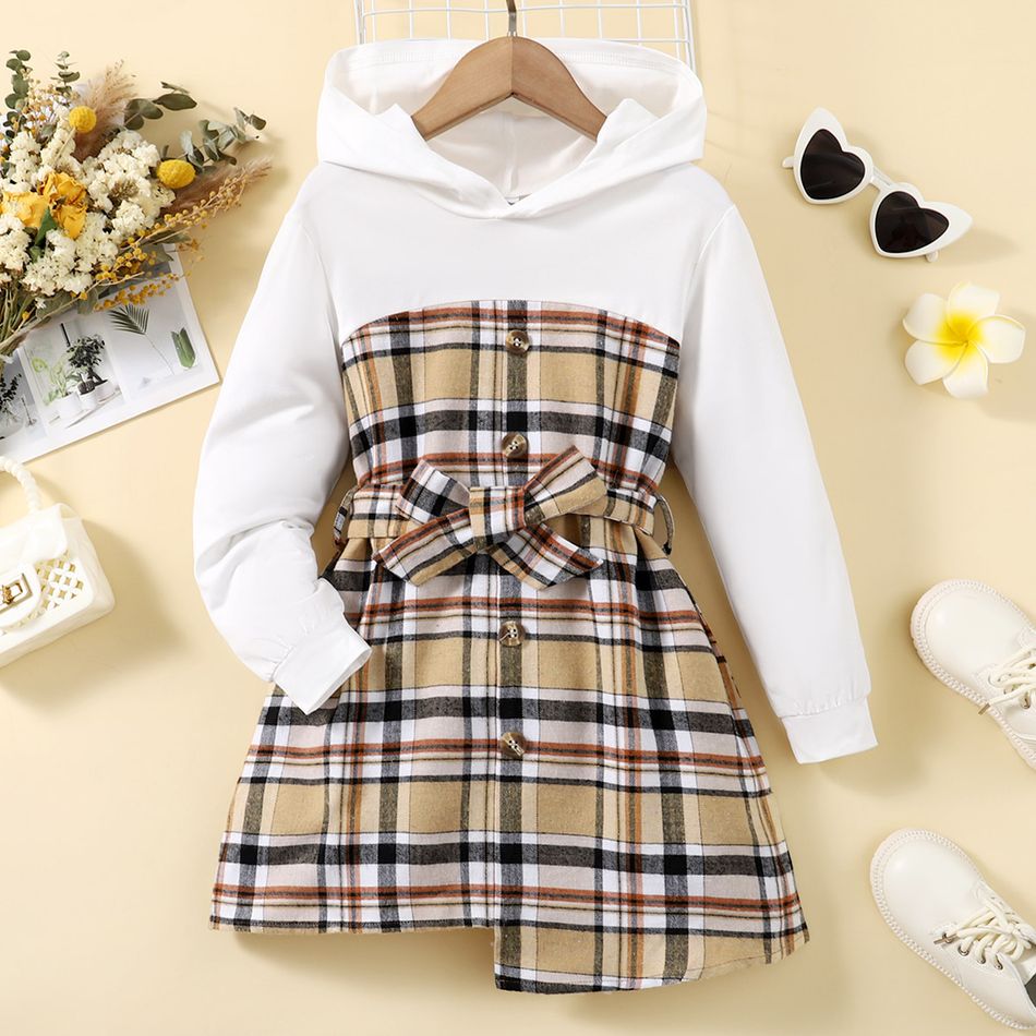 Kid Girl Faux-two Plaid Splice Belted Hooded Dress White big image 1