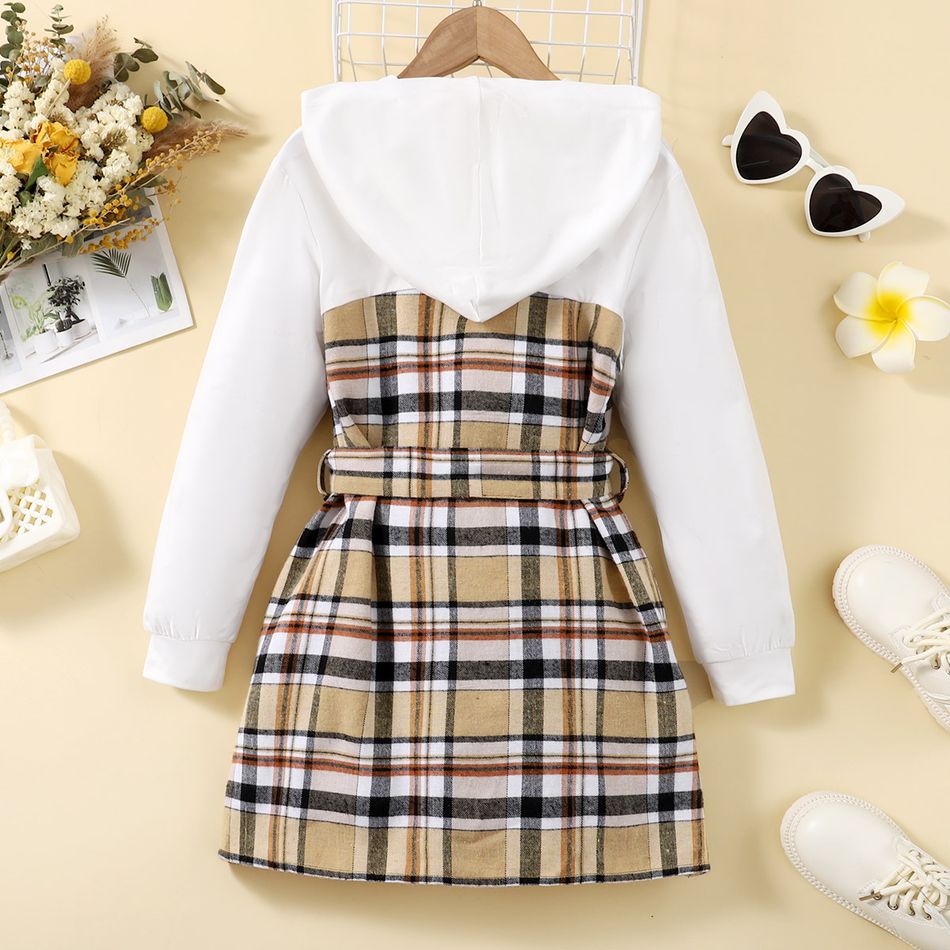 Kid Girl Faux-two Plaid Splice Belted Hooded Dress White big image 2