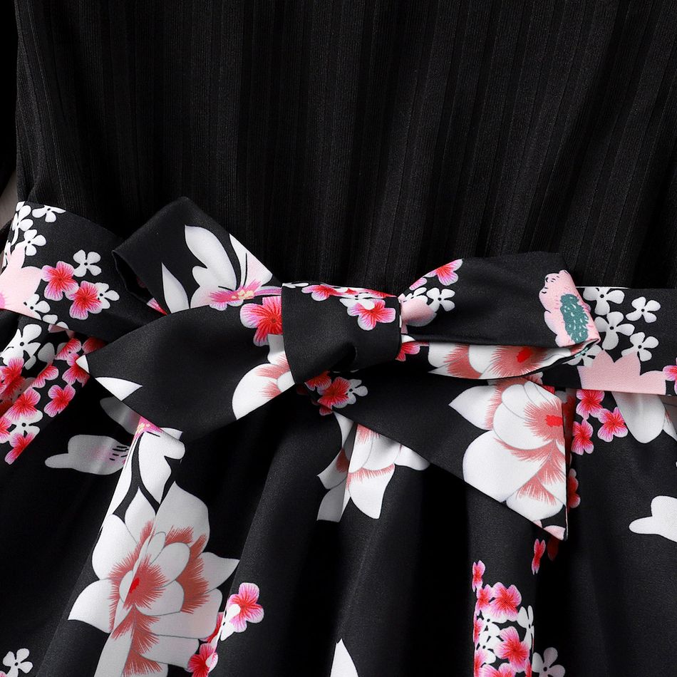 Kid Girl Floral Print Splice Belted Long-sleeve Dress Black big image 3
