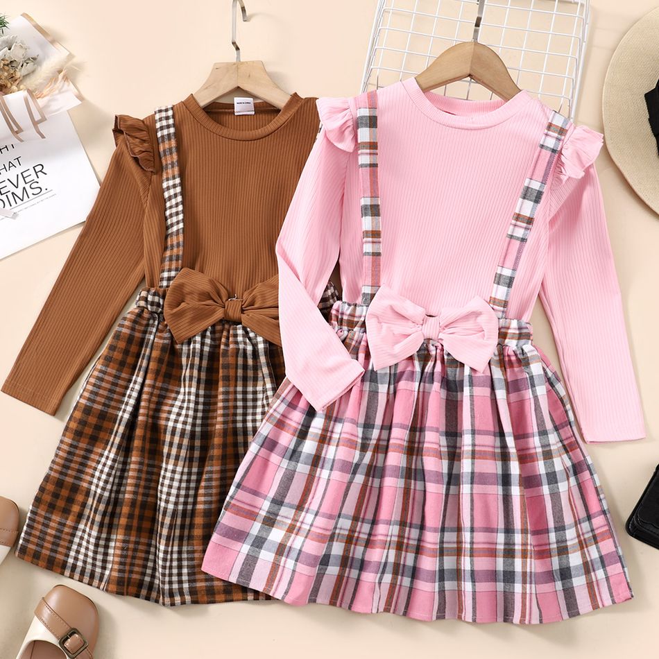 2pcs Kid Girl Ruffled Ribbed Tee and 3D Bowknot Design Plaid Suspender Skirt Set Brown big image 2
