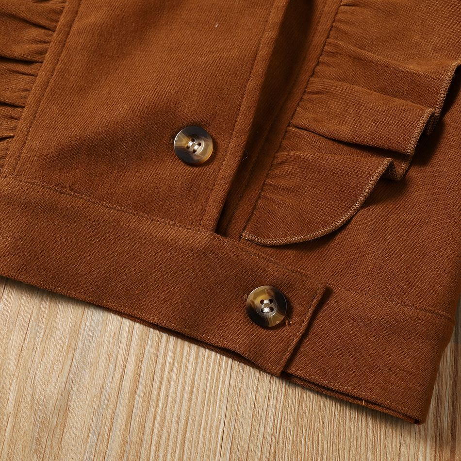 Kid Girl Ruffled Lapel Collar Button Design Corduroy Jacket Coffee big image 4