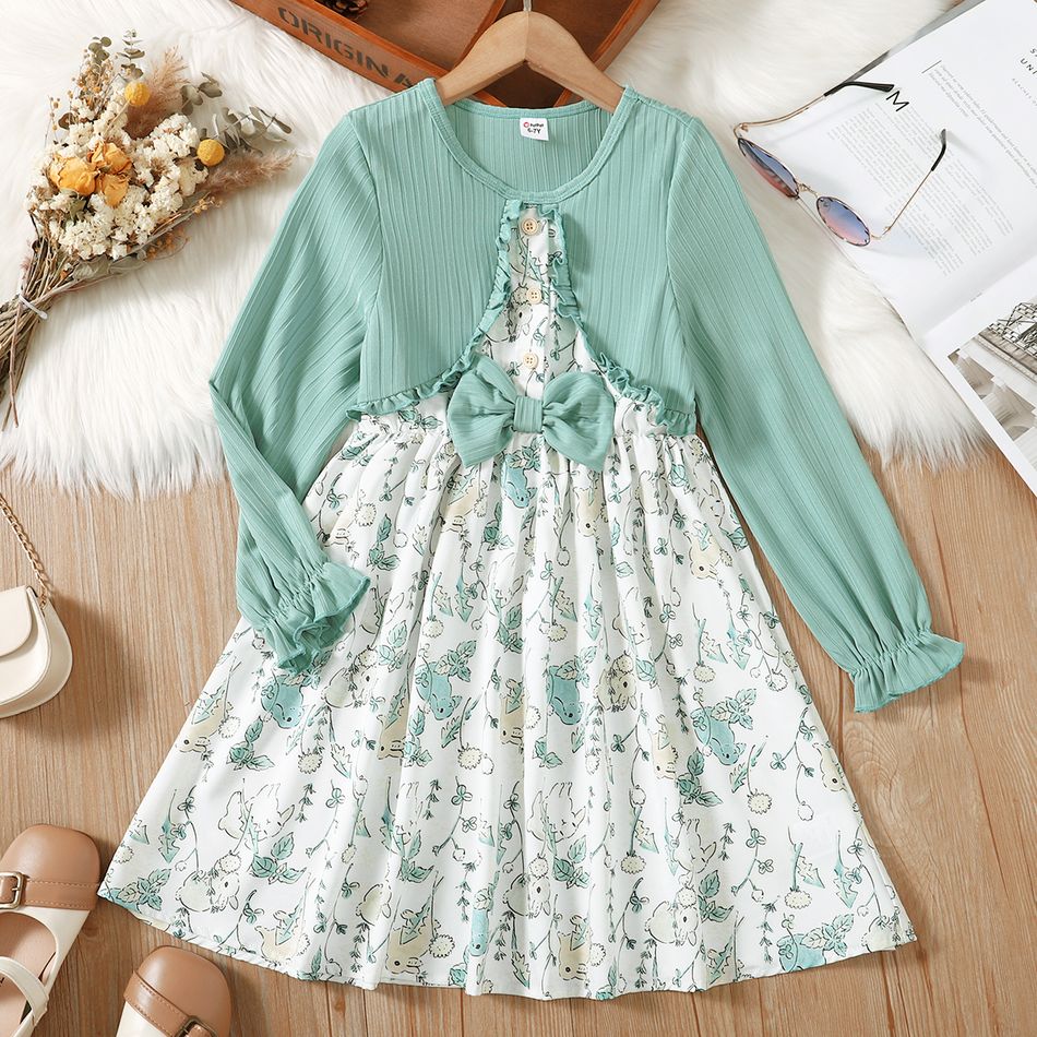 Kid Girl Faux-two Floral Print 3D Bowknot Design Ruffled Long-sleeve Dress Pale Green big image 1