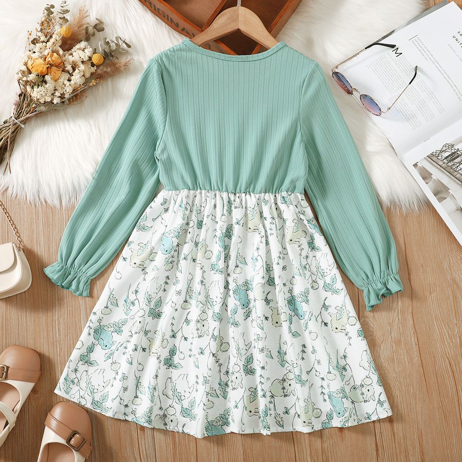 Kid Girl Faux-two Floral Print 3D Bowknot Design Ruffled Long-sleeve Dress Pale Green