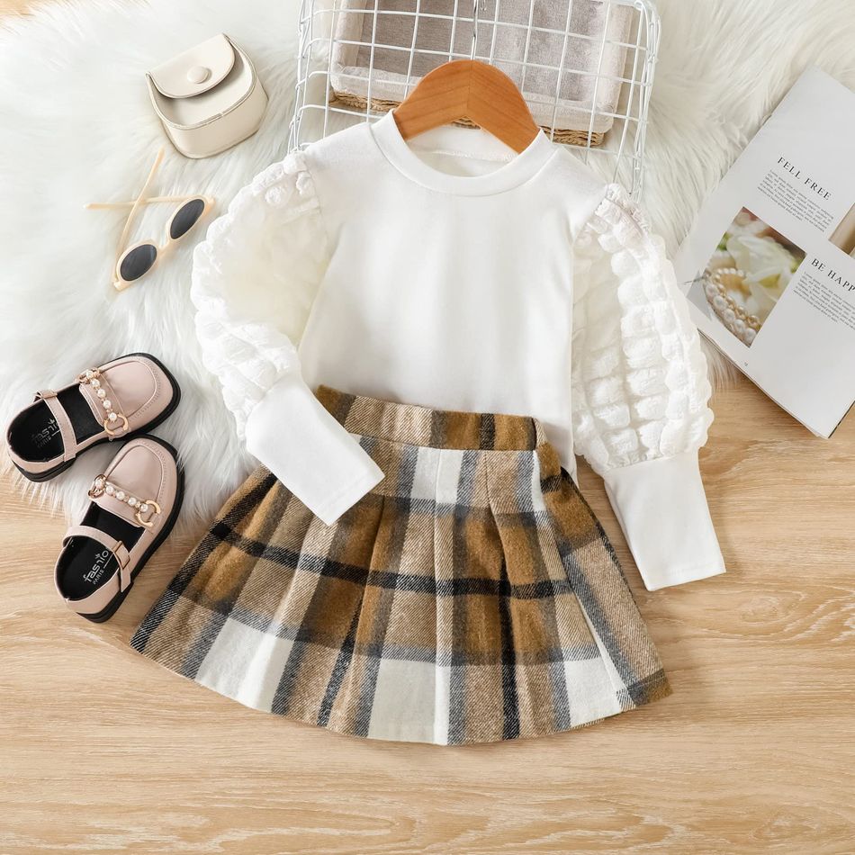 2pcs Toddler Girl Preppy style Textured Puff-sleeve Tee and Plaid Pleated Skirt Set OffWhite big image 1