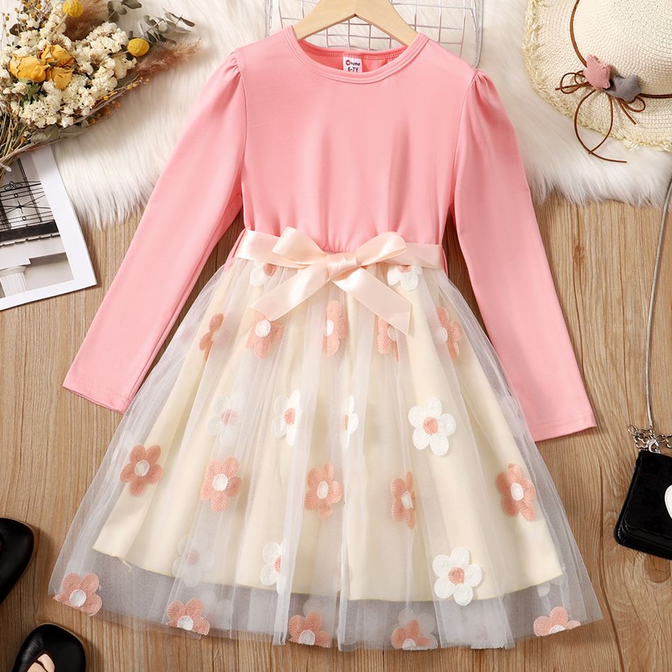Kid Girl Floral Embroidered Mesh Splice Belted Long-sleeve Evening Party Dress Pink big image 2