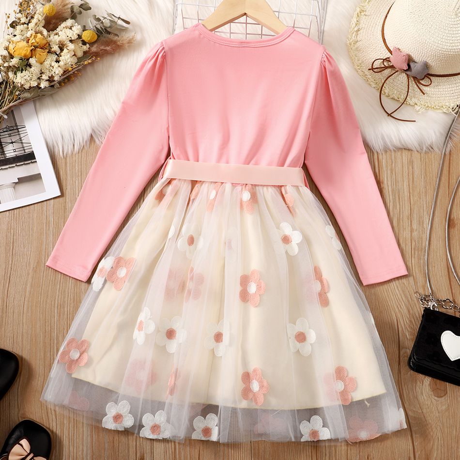 Kid Girl Floral Embroidered Mesh Splice Belted Long-sleeve Evening Party Dress Pink big image 3