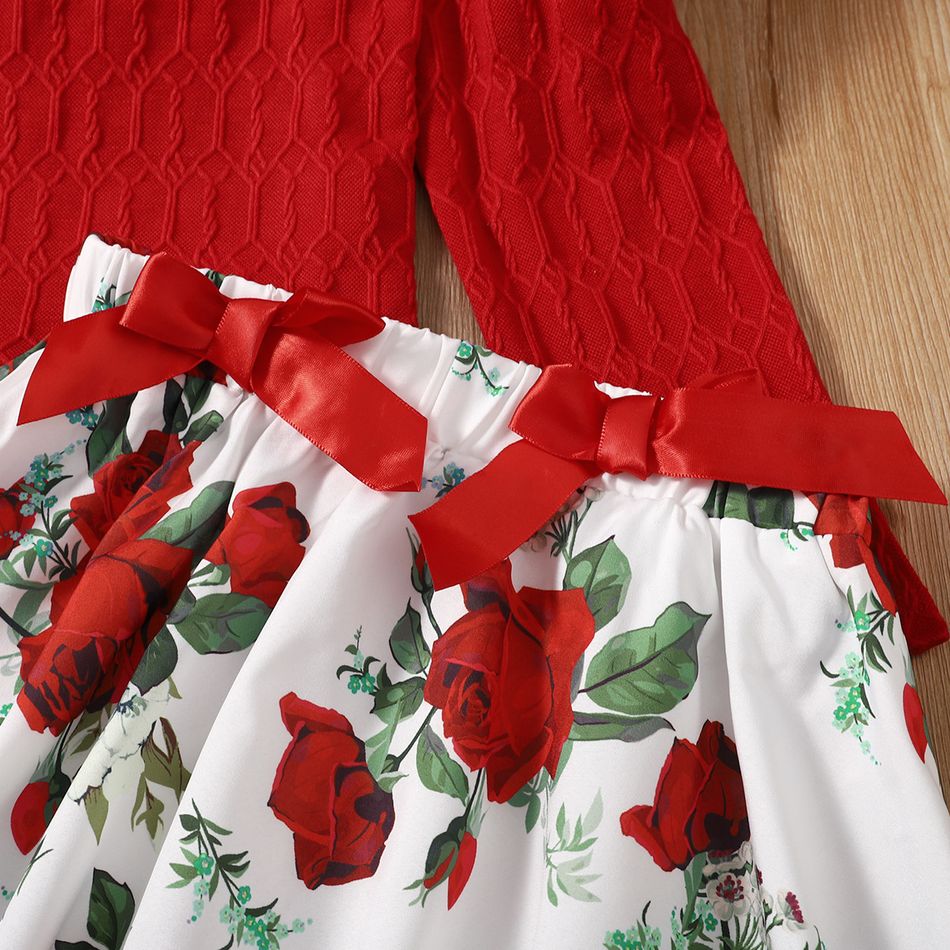 2pcs Kid Girl Textured Long-sleeve Tee and 3D Bowknot Design Floral Print Skirt Set Red big image 2