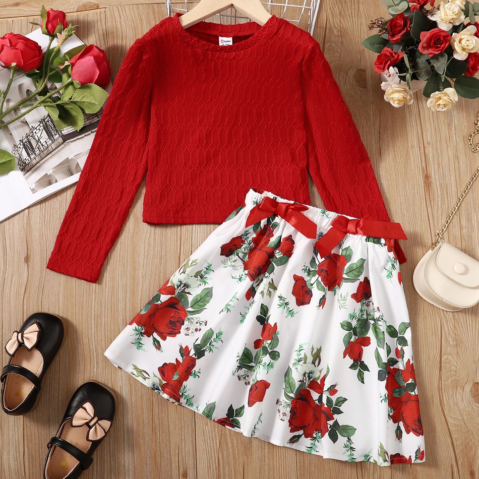 2pcs Kid Girl Textured Long-sleeve Tee and 3D Bowknot Design Floral Print Skirt Set Red big image 4