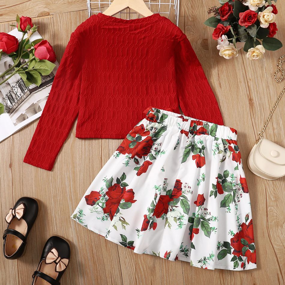 2pcs Kid Girl Textured Long-sleeve Tee and 3D Bowknot Design Floral Print Skirt Set Red big image 5