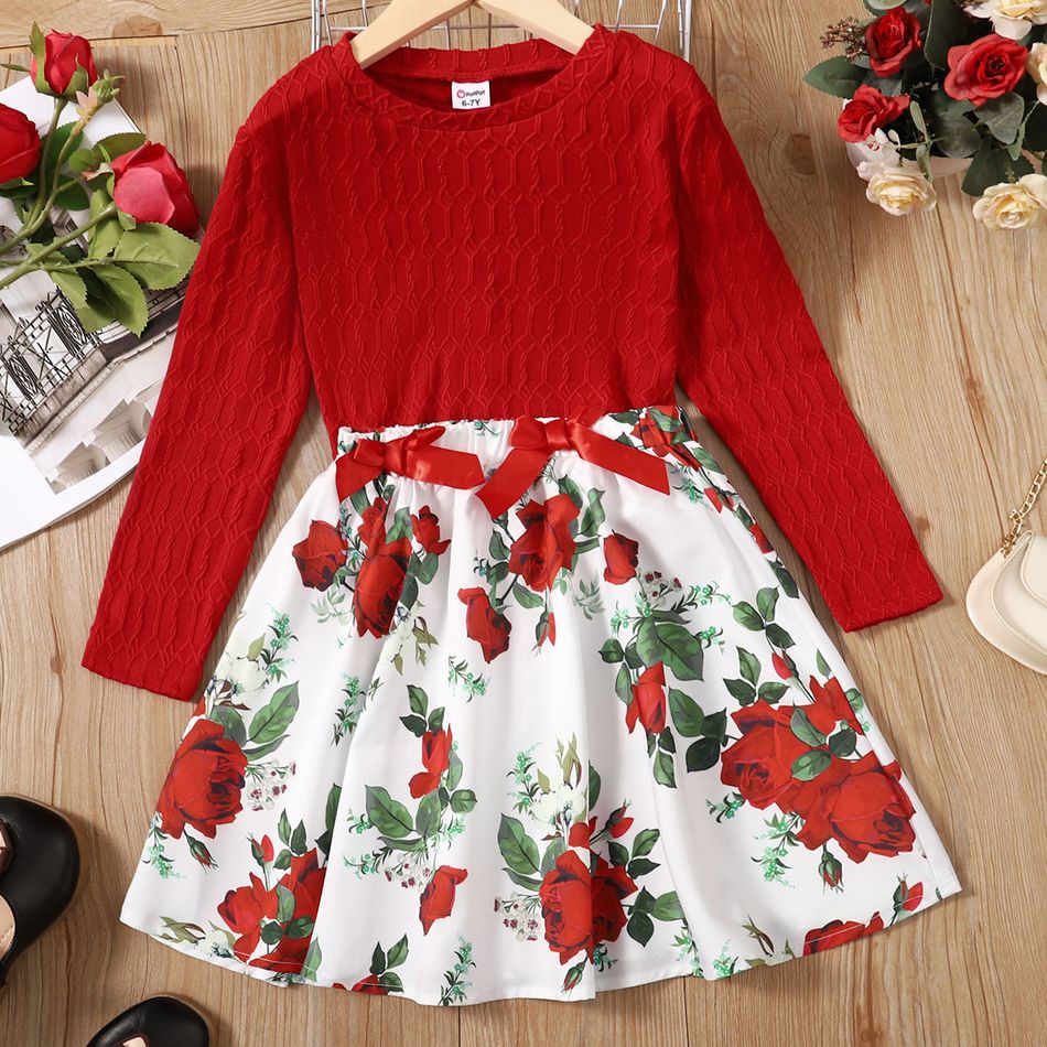 2pcs Kid Girl Textured Long-sleeve Tee and 3D Bowknot Design Floral Print Skirt Set Red