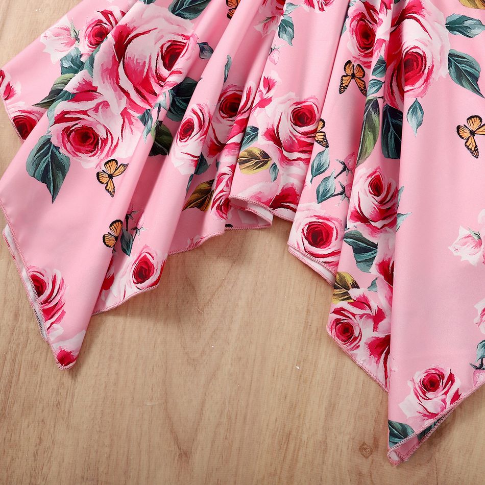 Kid Girl Floral Print Splice Irregular Hem Belted Long-sleeve Dress Pink