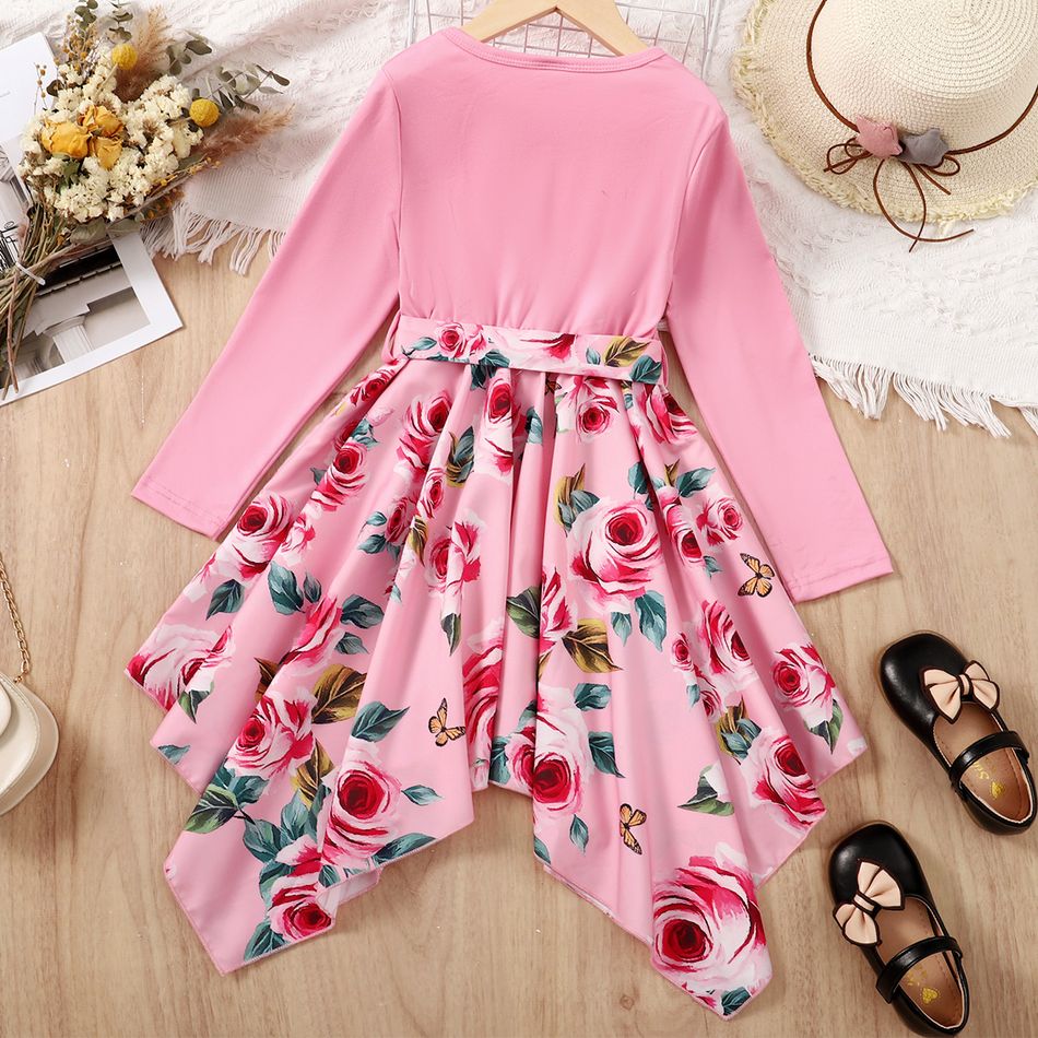 Kid Girl Floral Print Splice Irregular Hem Belted Long-sleeve Dress Pink big image 3