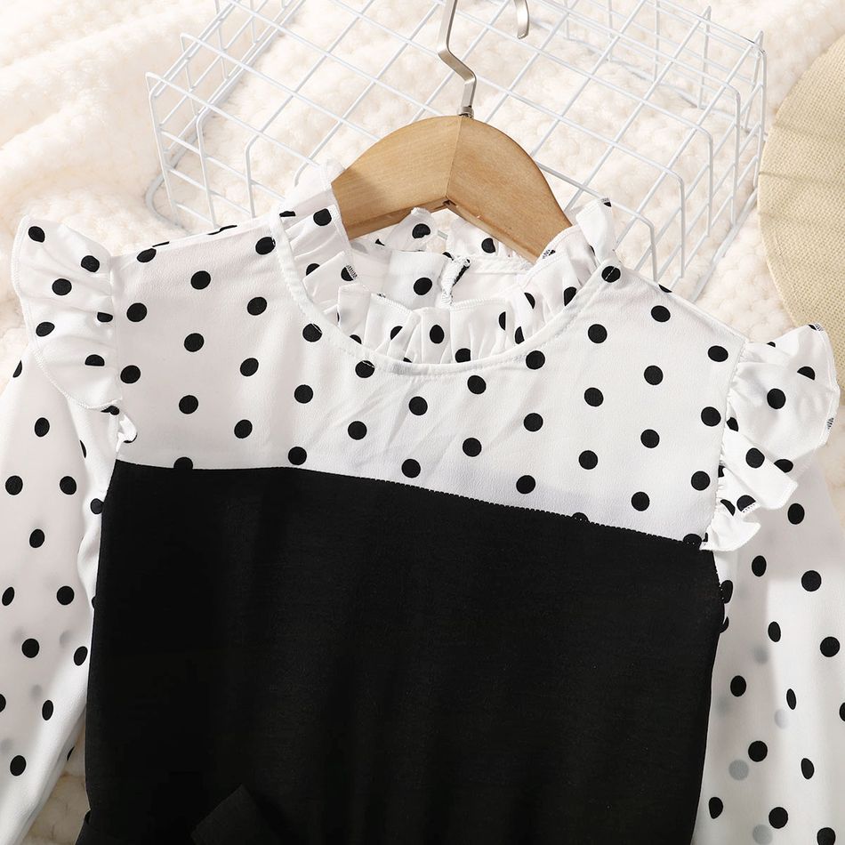 Kid Girl Polka dots Splice Ruffle Collar Long-sleeve Belted Jumpsuits Black big image 2
