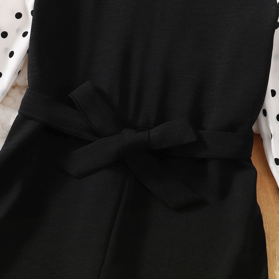 Kid Girl Polka dots Splice Ruffle Collar Long-sleeve Belted Jumpsuits Black big image 4