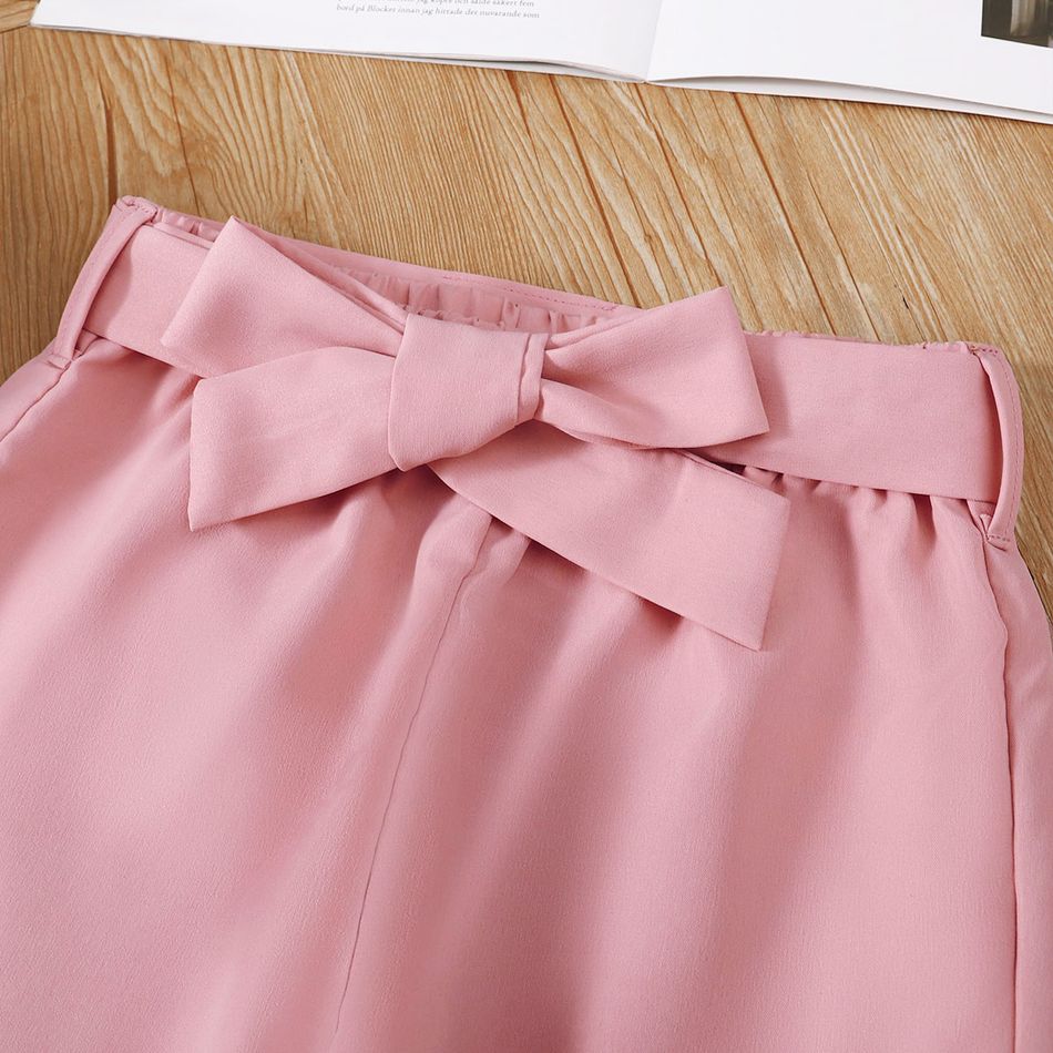 2pcs Kid Girl Floral Print Ruffle Collar Long-sleeve Tee and Belted Pants Set Pink big image 6