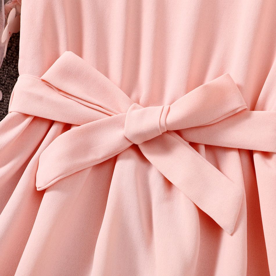 Kid Girl 3D Floral Design Mesh Sleeve Belted Dress Light Pink big image 3
