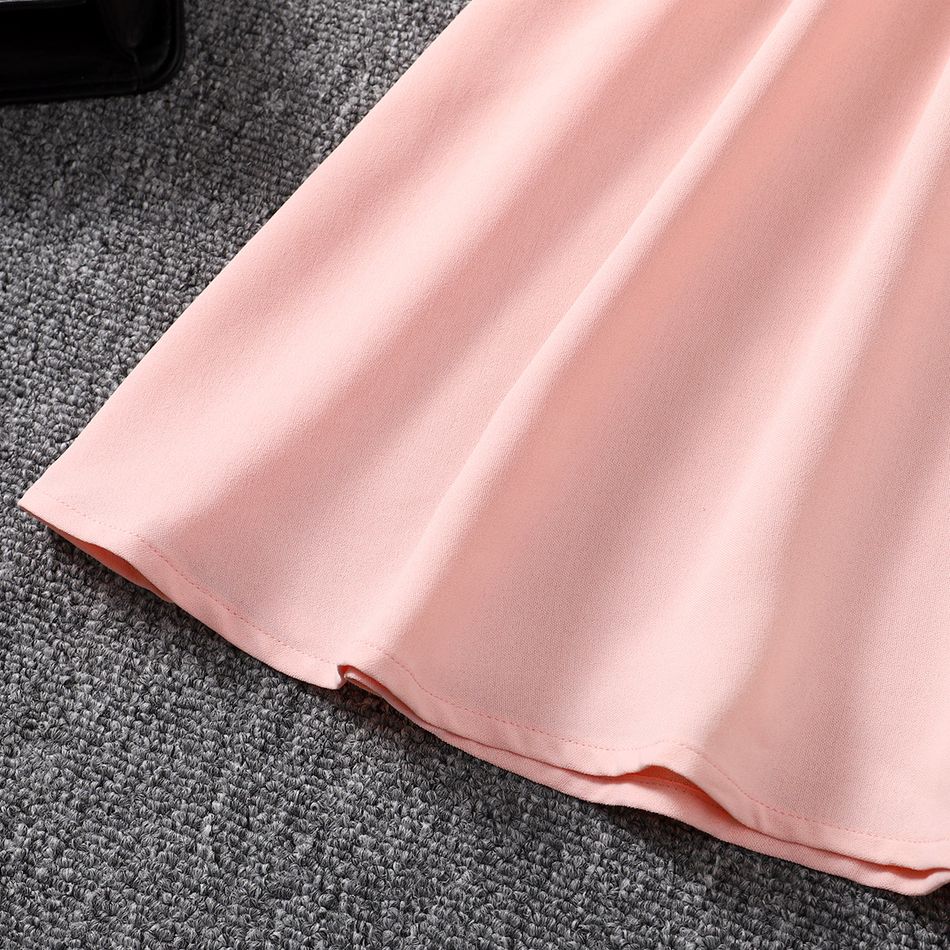 Kid Girl 3D Floral Design Mesh Sleeve Belted Dress Light Pink big image 4