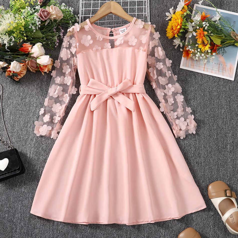 Kid Girl 3D Floral Design Mesh Sleeve Belted Dress Light Pink big image 1