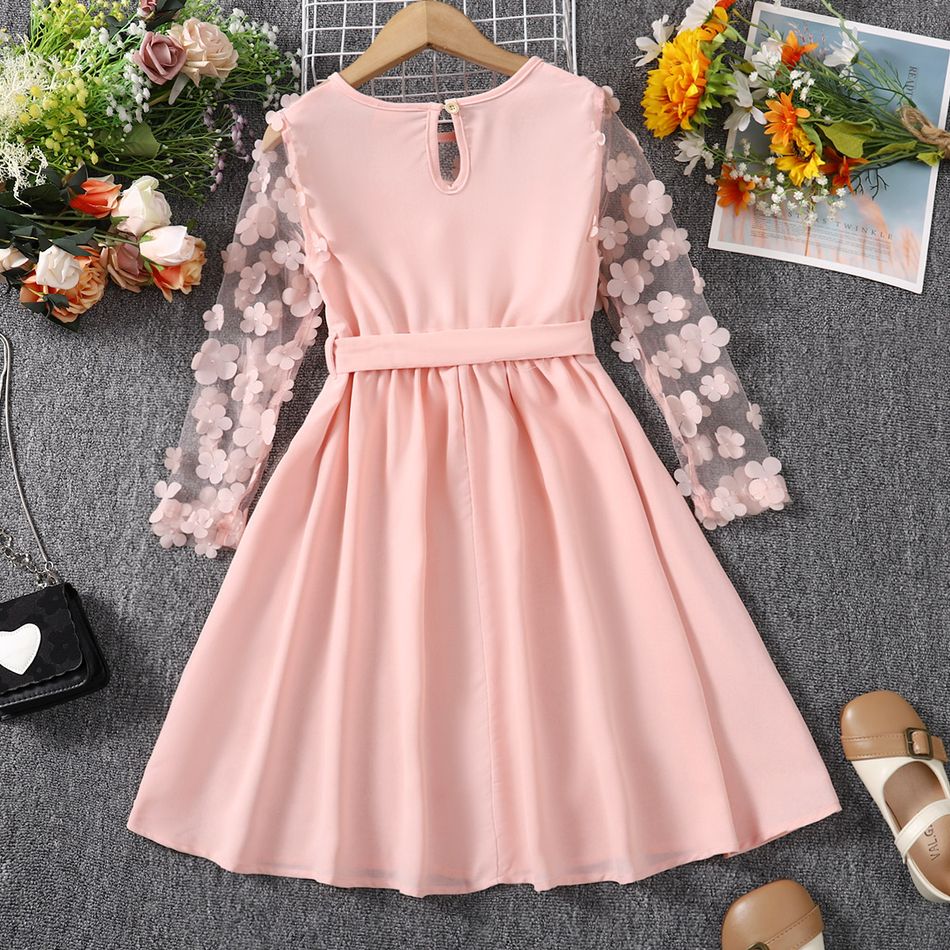 Kid Girl 3D Floral Design Mesh Sleeve Belted Dress Light Pink big image 5